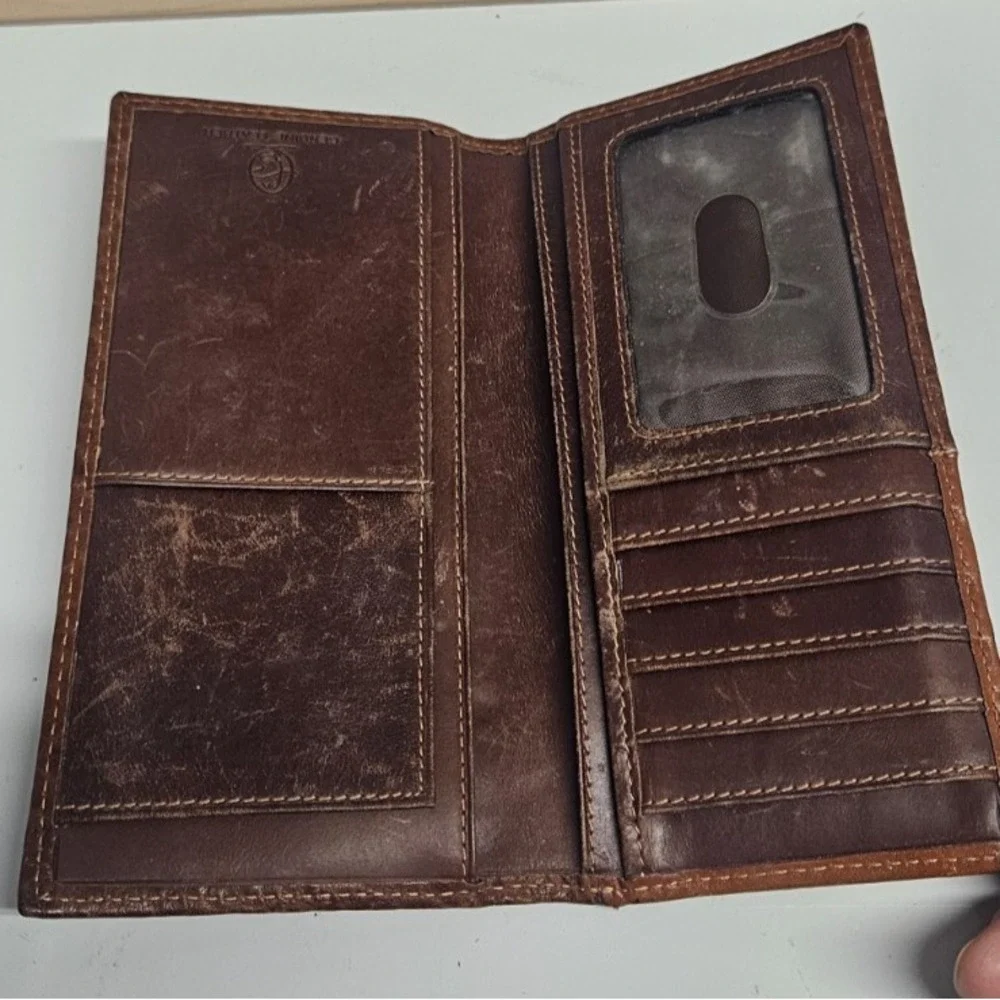 Men's cowboy chrome brown leather rodeo style wallet silver concho